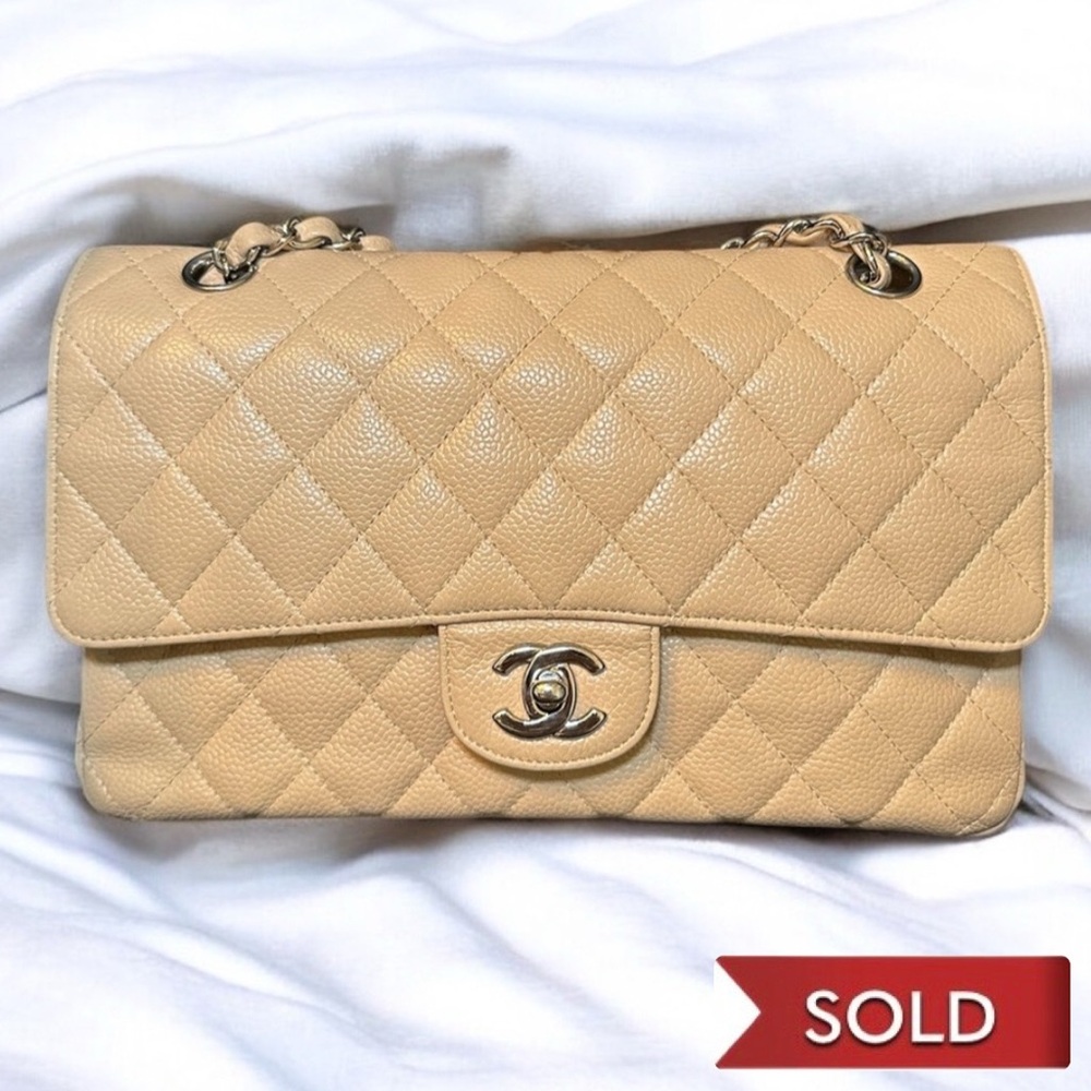 CHANEL Caviar Quilted Medium Classic Double Flap Beige Silver Hardware